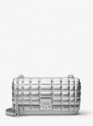 Michael Kors Tribeca Large Metallic Quilted Leather Srebrne | SN-MK26999
