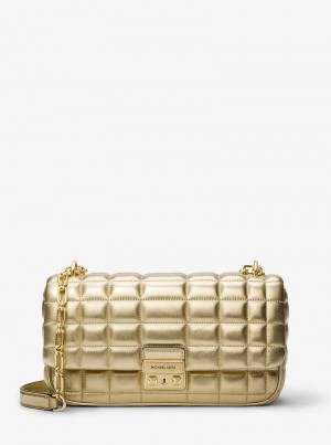 Michael Kors Tribeca Large Metallic Quilted Leather Złote | SN-MK27034