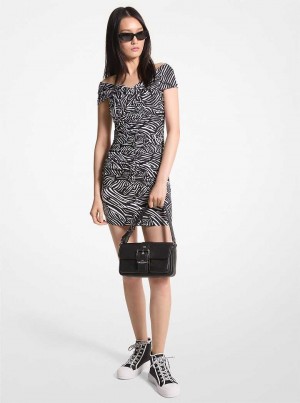 Michael Kors Zebra Print Stretch Matte Jersey Off-The-Shoulder Czarne Białe | SN-MK26690