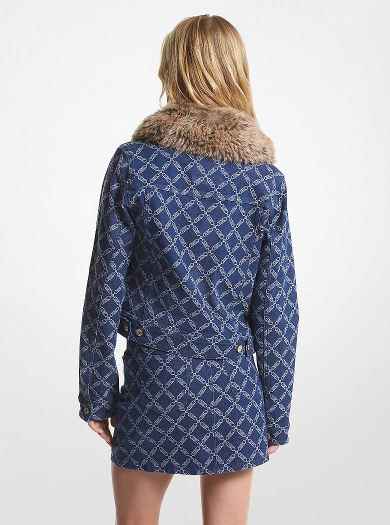 Michael Kors Faux Fur Trim Empire Logo Jacquard Denim Utility Czarne | SN-MK26619