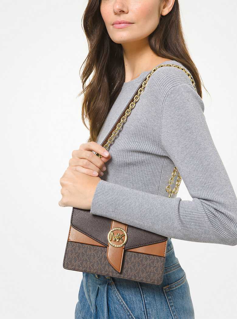 Michael Kors Greenwich Small Color-Block Logo and Saffiano Leather Brązowe | SN-MK27027
