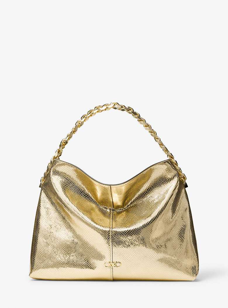 Michael Kors Jordyn Large Metallic Snake Embossed Leather Złote | SN-MK27099