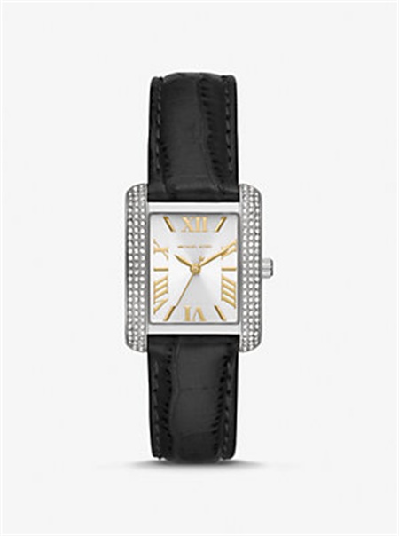 Michael Kors Mini Emery Pavé Silver-Tone and Crocodile Embossed Leather Watch Czarne | SN-MK28437