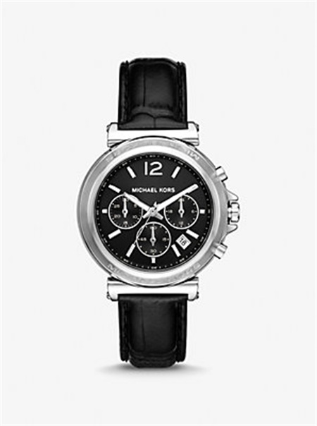 Michael Kors Oversized Maren Silver-Tone and Crocodile Embossed Leather Watch Czarne | SN-MK28300