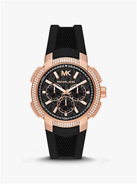 Michael Kors Oversized Sydney Pavé Rose Gold-Tone and Silicone Watch Czarne | SN-MK28363