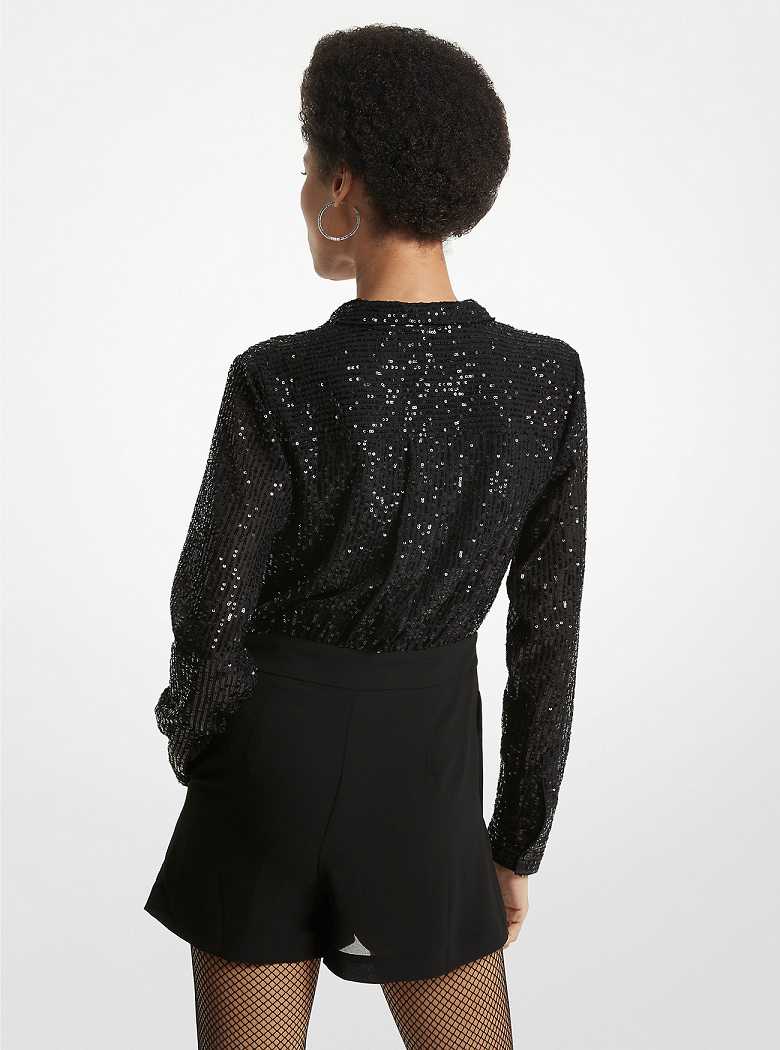 Michael Kors Pinstripe Sequined Chiffon and Woven Tie-Neck Czarne | SN-MK26685
