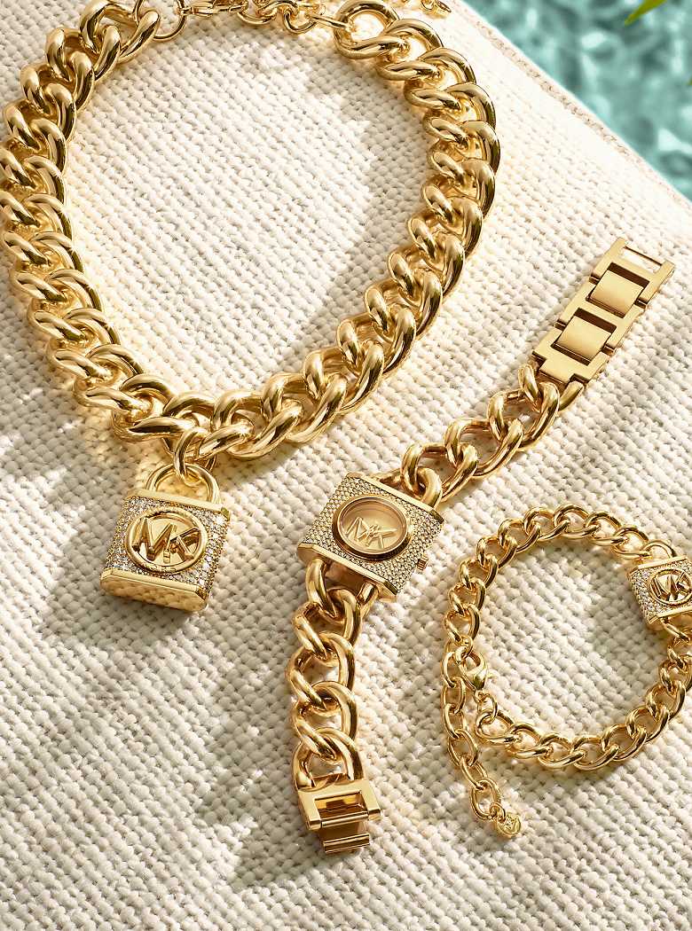 Michael Kors Precious Metal-Plated Brass Pavé Lock Curb Link Złote | SN-MK27805
