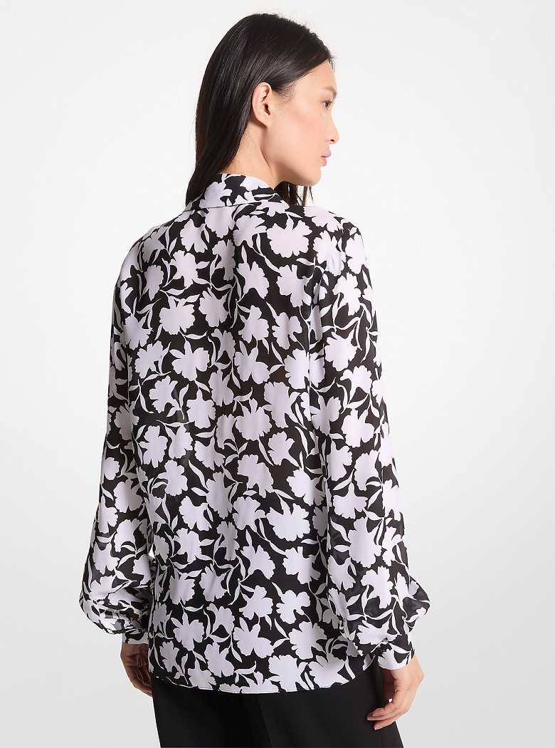 Michael Kors Shadow Floral Georgette Tie-Neck Blouse Czarne Białe | SN-MK26512