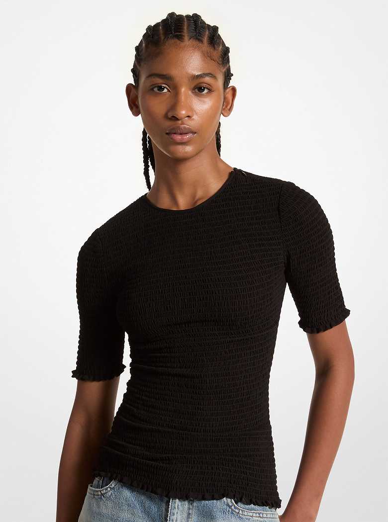 Michael Kors Smocked Georgette Shirt Czarne | SN-MK26513