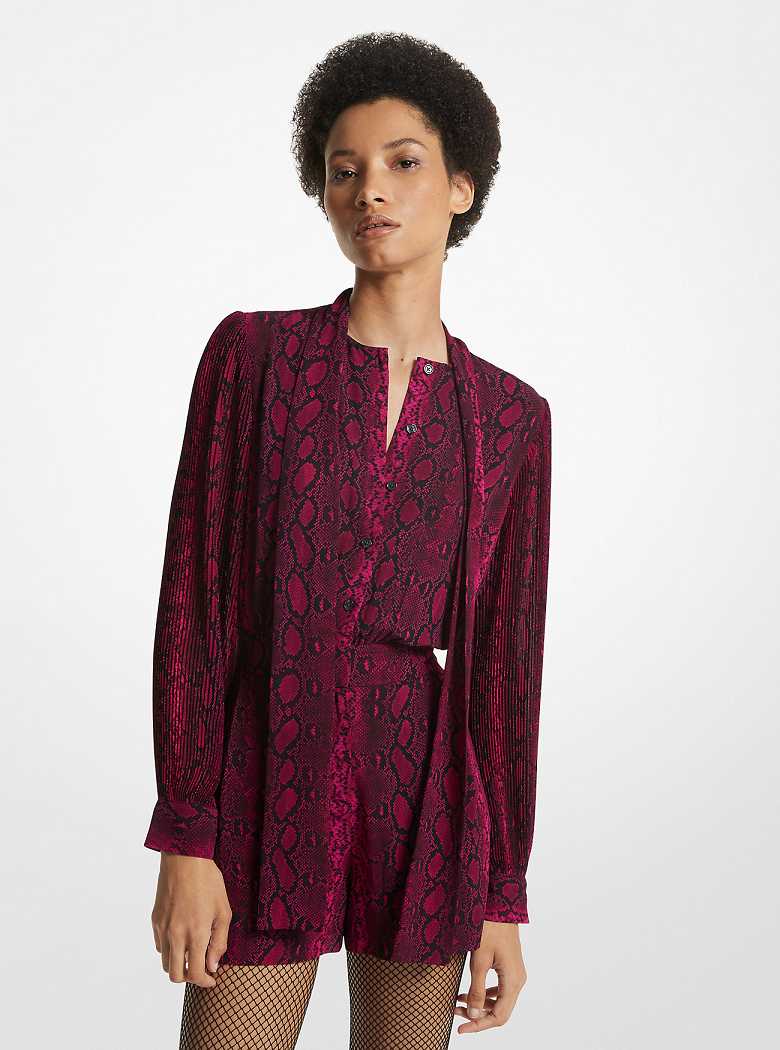 Michael Kors Snake Print Georgette Neck-Tie Jasny Fuksja | SN-MK26751