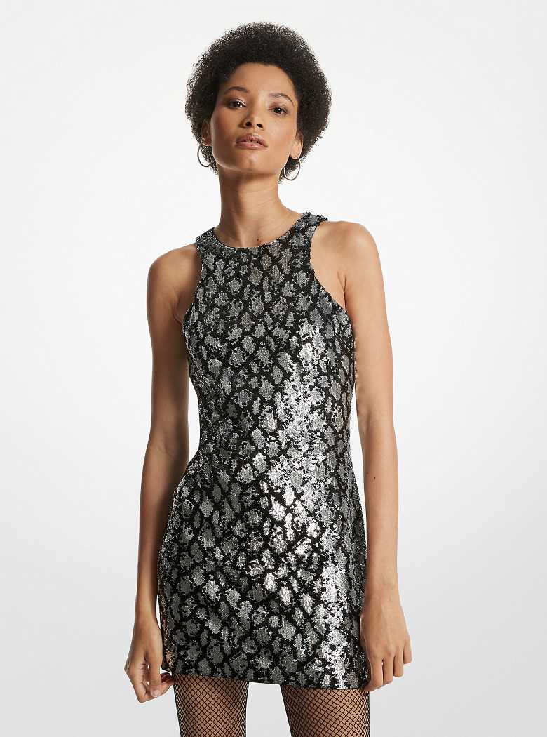 Michael Kors Snake Sequined Stretch-Tulle Tank Czarne Srebrne | SN-MK26724
