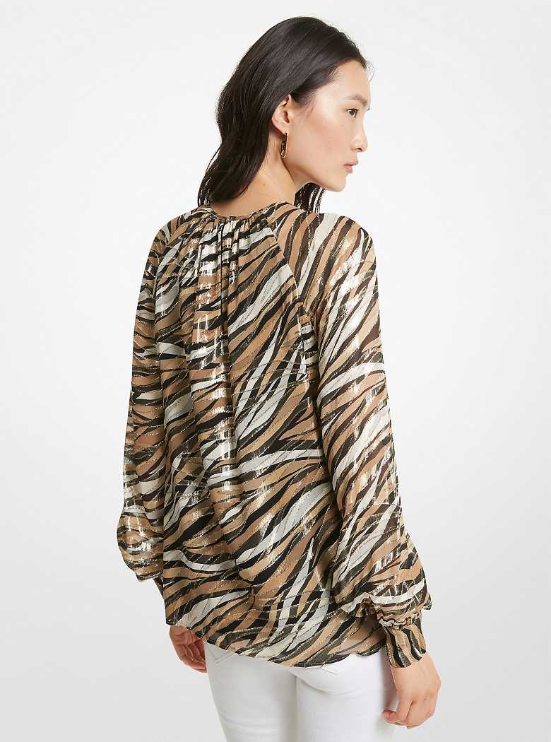 Michael Kors Tiger Fil Coupé Silk Blend Top Khaki | SN-MK26521